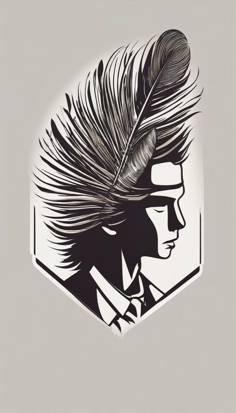 A minimal, modern, simple, cinematic logo design e of a boy with a head full of feathers for the brand “Penamemoria" .