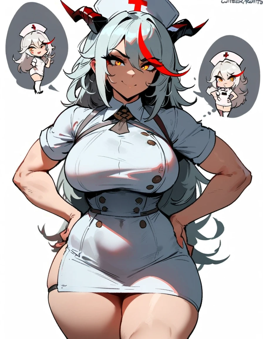 1girl, aegir \(azur lane\), azur lane \\\\\ masterpiece, best quality, very aesthetic, absurdres, newest \\\\\\ sportive body, \\\\\\ by nyantcha,,by cutesexyrobutts,by khyle ///// white hair with a single prominent red streak, black horns, yellow eyes, , white (nurse outfit:1.2), skirt, , white pencil skirt, nurse cap, , , a red cross on the cap, standing, (white background:1.2), rating general, horny smile, hands on hips