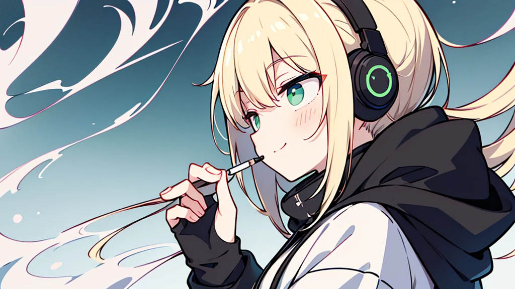 ((highest quality)), ((masterpiece)), (be familiar with), perfect face,white half-up hair,green mesh blonde、Smoke a cigarette、cool black hoodie,headphones,black gloves,turtleneck,alone,İcon、profile、Right beside、Expressionless、smile、Light-colored clothing