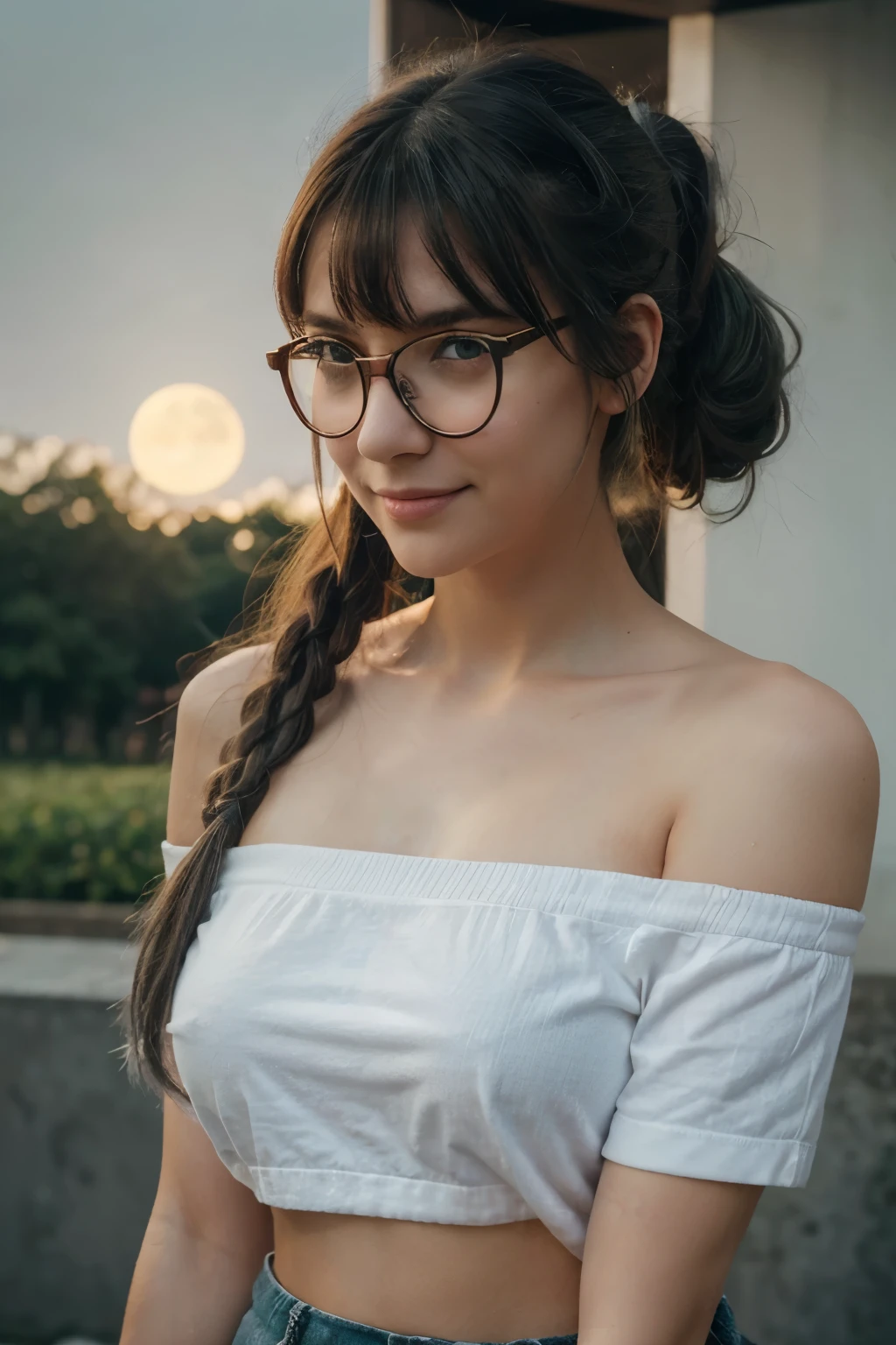 best quality,surface focus,look directly at the audience,soft light,(depth of field),ultra high resolution,(Realism:1.4),original photo,Big breasts,White clothes,open navel,bare shoulders,through bangs,Long ponytail hairstyle,Gray black hair and green hair, Good-looking hair accessories,red glasses,Red Half-rimmed Glasses,huge ,(sportswear:1.4),(from the front)1 girl,solo,Lovely,(Shy,Smile:1.1),(light green eyes),Detailed beautiful face,(noon_hair), huge moon at night,Walk,(off-the-shoulder shirts),