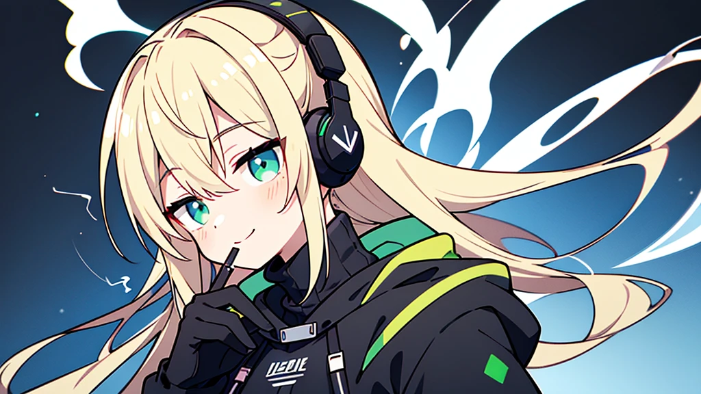 ((highest quality)), ((masterpiece)), (be familiar with), perfect face,white half-up hair,green mesh blonde、Smoke a cigarette、cool black hoodie,headphones,black gloves,turtleneck,alone,İcon、profile、Right beside、Expressionless、smile、Light-colored clothing