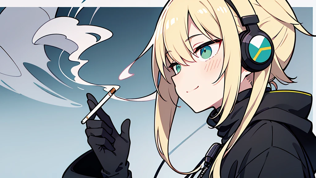 ((highest quality)), ((masterpiece)), (be familiar with), perfect face,white half-up hair,green mesh blonde、Smoke a cigarette、cool black hoodie,headphones,black gloves,turtleneck,alone,İcon、profile、Right beside、Expressionless、smile、Light-colored clothing