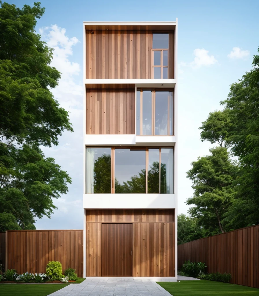 house exterior, modern style, wooden ceiling, white wall, wooden wall, wooden door, glass door, (actual: 1.2), Masterpiece, high-end, best quality, authentic, weatherproof super price , outdoor, road, sidewalk, grass, trees, sky, cloud, (daylight:1.1)