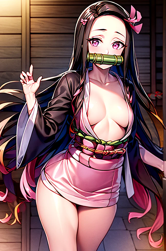 masterpiece, best quality, highly detailed, ultra high res, (photorealistic:1.8), unreal_engine, photograph, realistic_skin_texture, nezuko, kamado nezuko, 1girl, solo, long hair, black hair, pink eyes, multicolored hair, hair ribbon, (bamboo gag, bite gag), portrait, looking at viewer, seductive smile, pink kimono, own hands together, rialistic photo、Real Images、Top image quality、masterpiece, (Pink kimono), seductived faced, good lighting, beautiful thigh、adult appeal、Adults、Big、cleavage, finely detail, masterpiece,I can see my panties、 radiant eyes, 1girl in, A dark-haired, SUCK, Kamado Nezuko, wisteria background, masterpiece, top-quality, POV, Take off kimono, undressing kimono,