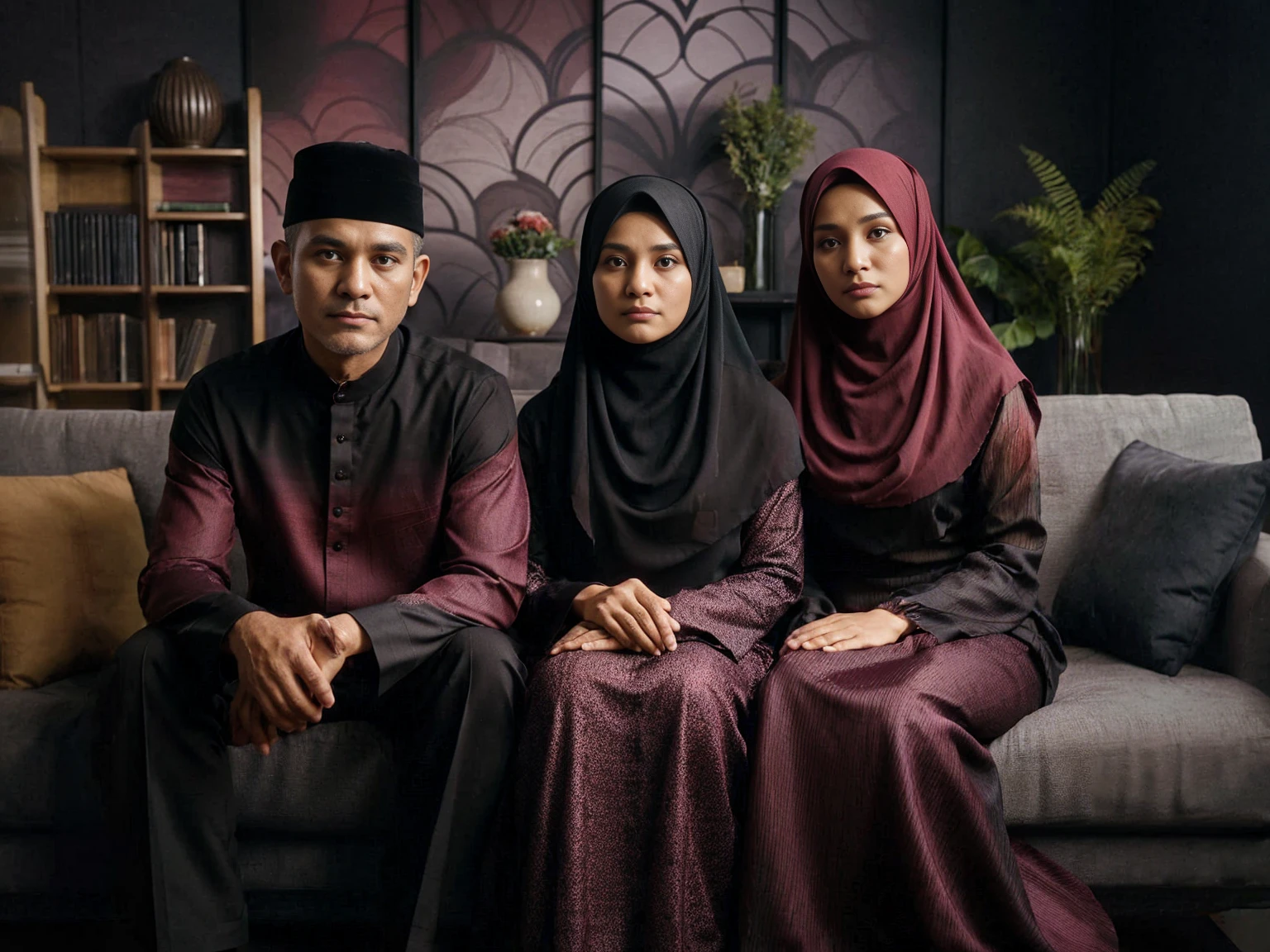 Studio Photography, close up, 3 peoples, Indonesian, sits on sofa, a man aged 55 clean smooth face shaved wearing cap and a woman aged 55 wearing long compliant pashmina hijab,and woman aged 25 wearing hijab, all wearing exclusive maroon gradients black colored muslim clothes ang gamis sharia dress with long compliant sharia hijab, set in a studio with maroon gradients black abstract patterned walls, green flower vases, side tables, fresh color, 8k, photography, UHD, family portrait.