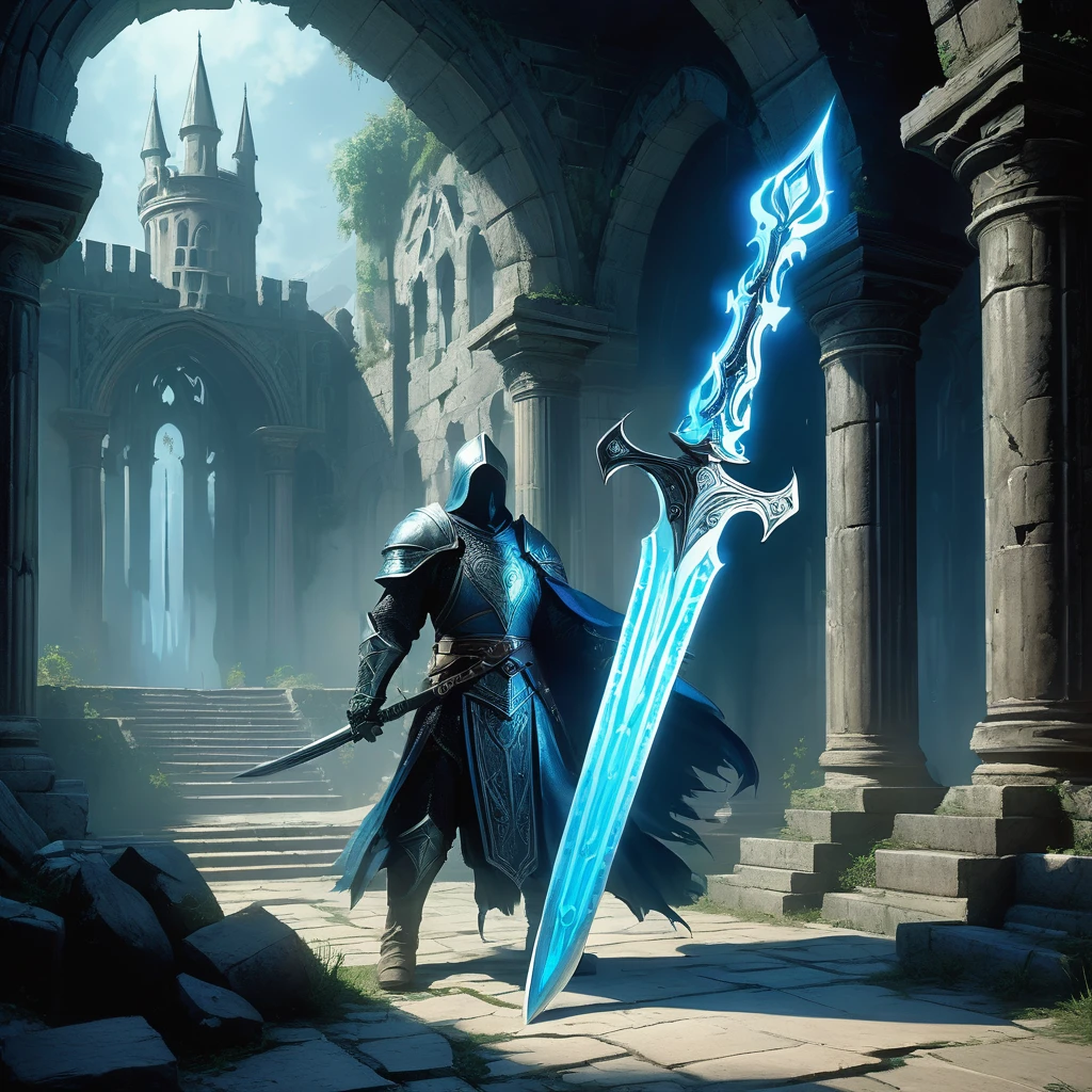 Imagine a legendary soul weapon hidden deep within the ruins of an ancient castle, its existence whispered only in myths and legends of a medieval fantasy realm. This weapon, known as the Soulblade, is said to be forged from the essence of fallen heroes and imbued with the spirits of the past. Its blade glows with an ethereal light, shimmering with hues of azure and silver, while the hilt is wrapped in leather adorned with intricate runes that pulse with unseen power. Around the weapon, the ruins echo with whispers of forgotten battles and the solemn echoes of lost souls. Shadows dance along the crumbling walls, illuminated by the soft glow emanating from the Soulblade. Capture the mystique and reverence surrounding this mythical weapon, as brave adventurers seek to uncover its secrets and harness its formidable power in the quest for honor and redemption in the medieval fantasy realm."