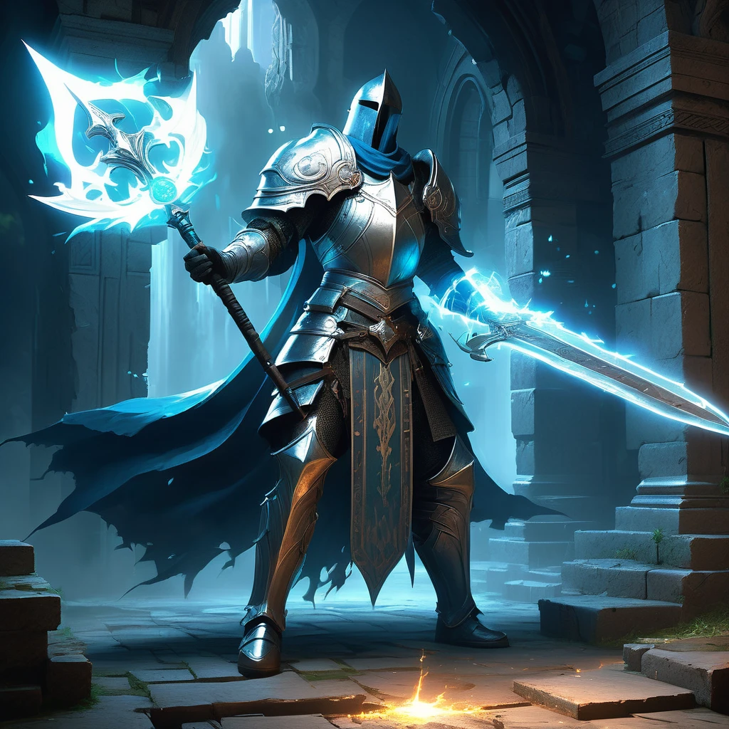 Imagine a legendary soul weapon hidden deep within the ruins of an ancient castle, its existence whispered only in myths and legends of a medieval fantasy realm. This weapon, known as the Soulblade, is said to be forged from the essence of fallen heroes and imbued with the spirits of the past. Its blade glows with an ethereal light, shimmering with hues of azure and silver, while the hilt is wrapped in leather adorned with intricate runes that pulse with unseen power. Around the weapon, the ruins echo with whispers of forgotten battles and the solemn echoes of lost souls. Shadows dance along the crumbling walls, illuminated by the soft glow emanating from the Soulblade. Capture the mystique and reverence surrounding this mythical weapon, as brave adventurers seek to uncover its secrets and harness its formidable power in the quest for honor and redemption in the medieval fantasy realm."