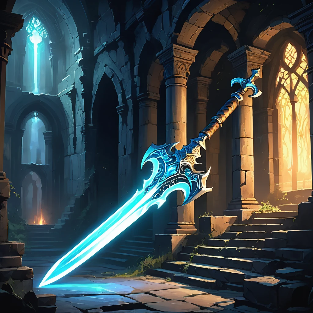 Imagine a legendary soul weapon hidden deep within the ruins of an ancient castle, its existence whispered only in myths and legends of a medieval fantasy realm. This weapon, known as the Soulblade, is said to be forged from the essence of fallen heroes and imbued with the spirits of the past. Its blade glows with an ethereal light, shimmering with hues of azure and silver, while the hilt is wrapped in leather adorned with intricate runes that pulse with unseen power. Around the weapon, the ruins echo with whispers of forgotten battles and the solemn echoes of lost souls. Shadows dance along the crumbling walls, illuminated by the soft glow emanating from the Soulblade. Capture the mystique and reverence surrounding this mythical weapon, as brave adventurers seek to uncover its secrets and harness its formidable power in the quest for honor and redemption in the medieval fantasy realm."