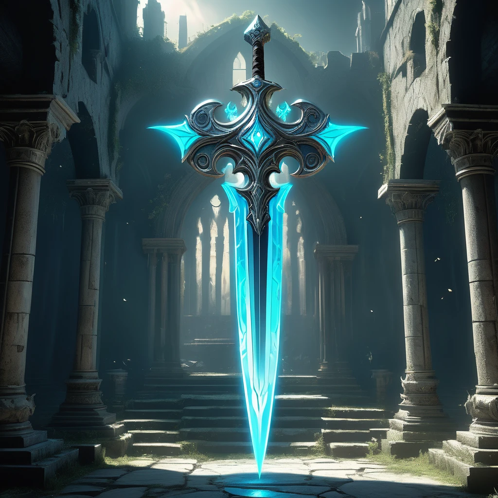 Imagine a legendary soul weapon hidden deep within the ruins of an ancient castle, its existence whispered only in myths and legends of a medieval fantasy realm. This weapon, known as the Soulblade, is said to be forged from the essence of fallen heroes and imbued with the spirits of the past. Its blade glows with an ethereal light, shimmering with hues of azure and silver, while the hilt is wrapped in leather adorned with intricate runes that pulse with unseen power. Around the weapon, the ruins echo with whispers of forgotten battles and the solemn echoes of lost souls. Shadows dance along the crumbling walls, illuminated by the soft glow emanating from the Soulblade. Capture the mystique and reverence surrounding this mythical weapon, as brave adventurers seek to uncover its secrets and harness its formidable power in the quest for honor and redemption in the medieval fantasy realm."