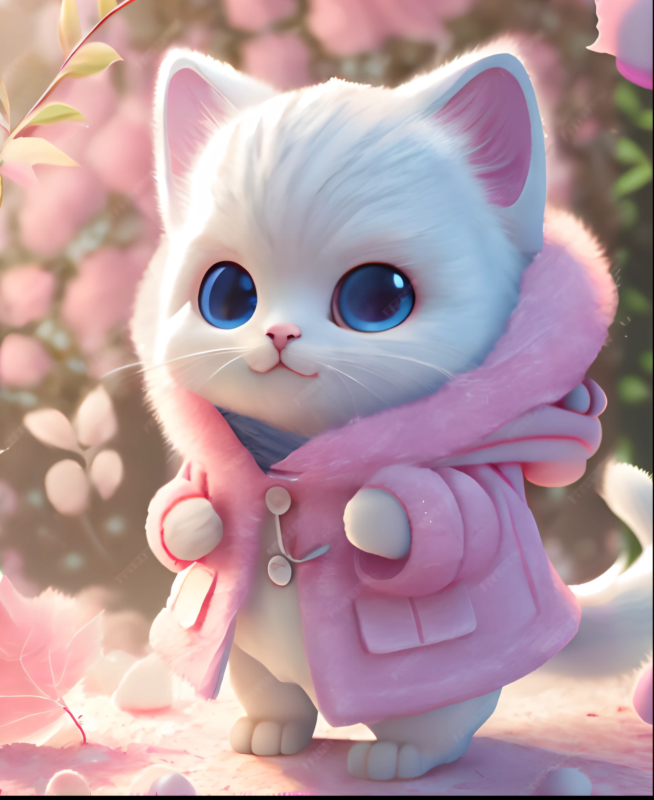 there is a white cat in a pink coat and a pink scarf, adorable digital painting, beautiful digital art, beautiful digital art detallado, white cat in a pink dress, very beautiful pretty catgirl, anime visual of a pretty cat, animated cat, realistic animated cat, gato kawaii, cute animated catgirl, beautiful 3d render, White cat girl, pretty cat