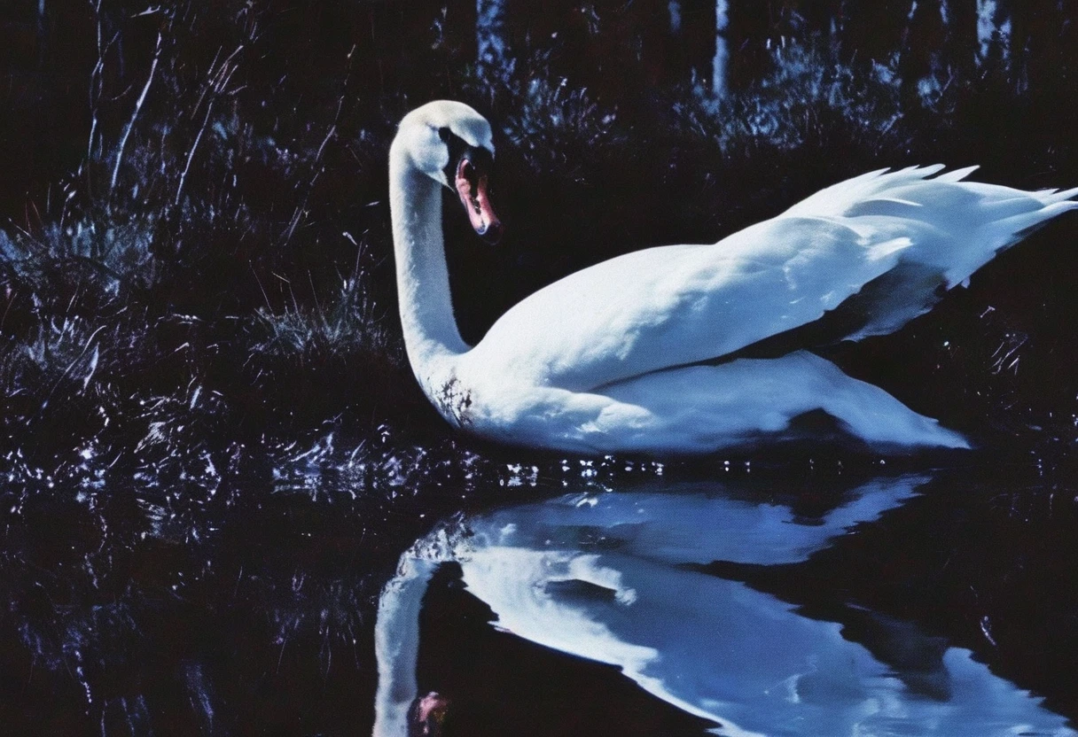 film photography, vintage, close up photo of white swan covered in blood in black water, blue dark forest night background