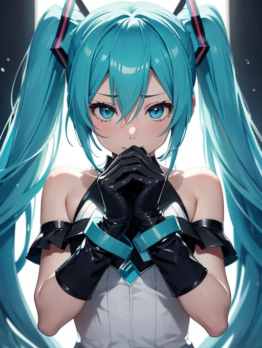 Miku Hatsune, closeup high definition, jealous, hands together annoying high definition