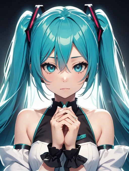 Miku Hatsune, closeup high definition, jealous, hands together annoying high definition