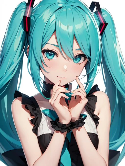 Miku Hatsune, closeup high definition, jealous, hands together annoying high definition