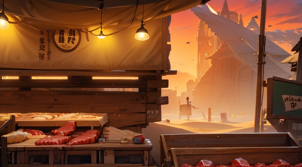 traditional market, market stall, ((market tens), butchery), (they sell human flesh, chopped hand and feet, human meats), wooden box, wooden table, sand ground, sand hill behind the stall, dawn time, early morning, 