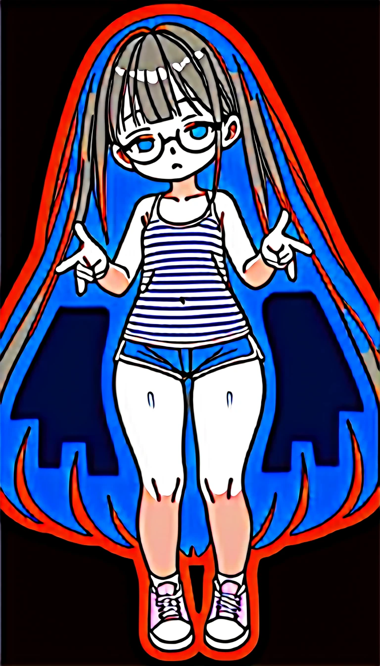 (masterpiece), (best quality), ((ultra-detailed)), (high resolution), (an extremely delicate and beautiful, super fine illustration), official art, BREAK (1girl), (:1.7), (tiny girl:1.4), (8yo)lat chest:1.4), (Plump:1.2), (thick stomach:1.2), (Thick thighs:1.6), (thick waist:1.3), (big ass:1.5), erect nipples, Huge areola, large nipples, (long nipples:1.4), erect nipples, oily skin, BREAK droopy eyes, (emerald blue eyes:1.3), (bad mood:1.5), (clear face:1.5), (half closed eyes:2.1), BREAK (bob cut:1.3), tired hair, messy hair, blue colored inner hair, Black hair color, (girl wearing round black glasses), BREAK (blue striped cropped white tank top:1.7), (white anklesocks:1.3), (very micro shorts:1.5), (pink sneakers:1.4), (front view:1.5), full body,
