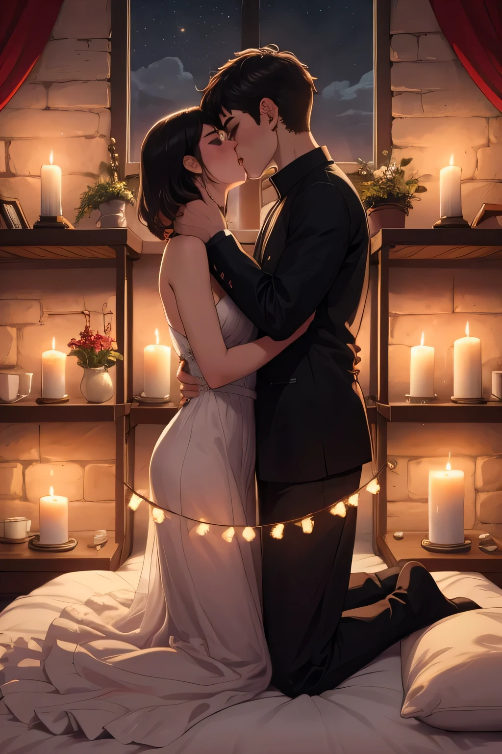 Boy and woman, beautiful woman, kissing each other with passion, in a bedroom, bright room, candles lit, night time,