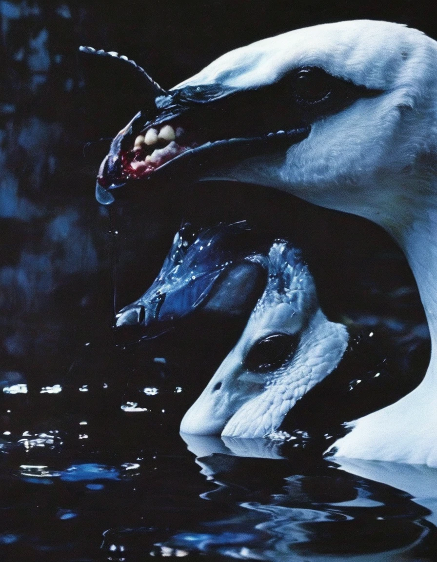 film photography, vintage, close up photo of white swan covered in blood in black water, blue dark forest night background