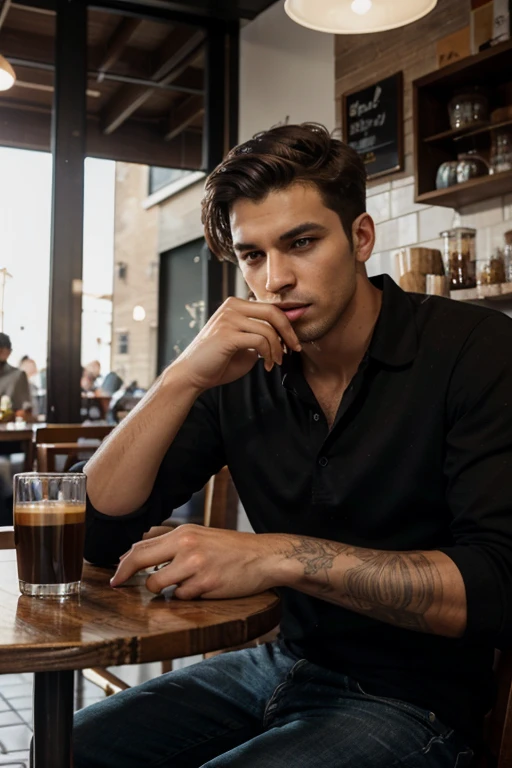 A handsome young man was sitting in a cafe, smoking a cigarette emitting smoke from his mouth, on the table there was a cup of black coffee. Daytime atmosphere 8k HDR clear quality