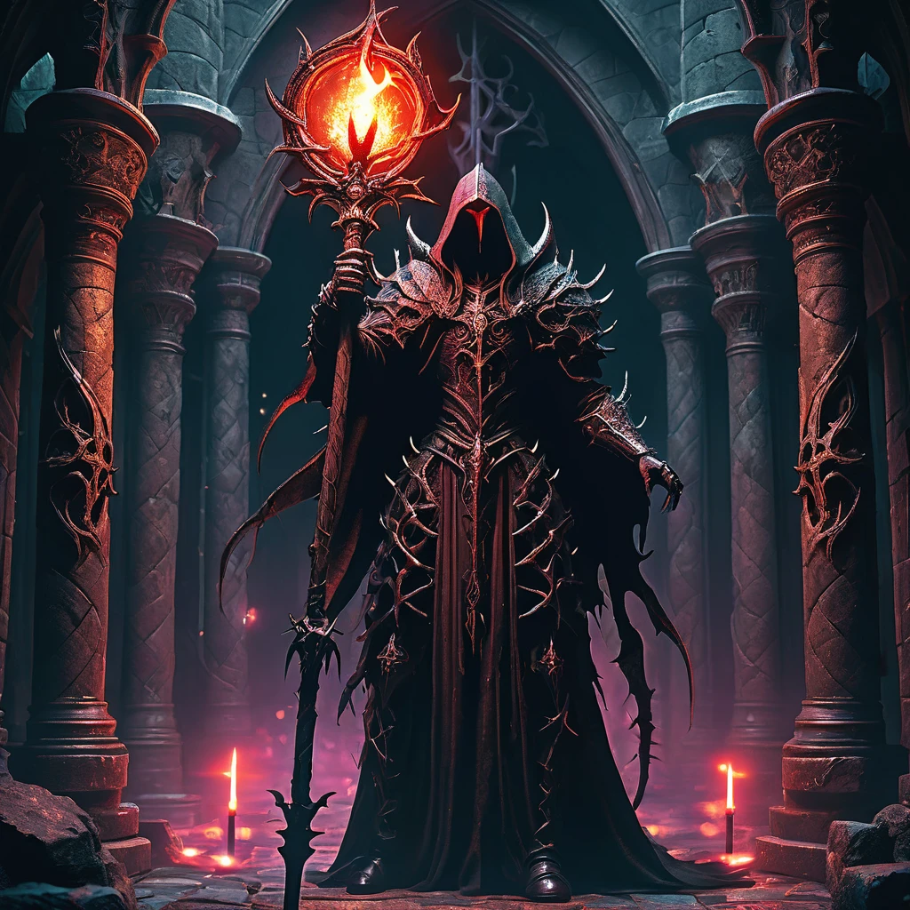 Picture a sinister magic staff standing upright in the heart of a dark and ancient cathedral. The staff, crafted from blackened oak and adorned with twisted thorns and menacing spikes, exudes an aura of malevolent power. At its pinnacle, a glowing crimson gem pulses with an eerie light, casting sinister shadows across the stone walls adorned with ominous runes and grotesque gargoyles. Candlelight flickers, illuminating the flickering symbols etched into the staff's surface, hinting at arcane rituals and forbidden knowledge. Capture the sense of dread and forbidden allure as this unholy staff stands as a focal point of dark magic in a medieval fantasy realm, where whispers of ancient evils and sinister enchantments linger in the air. just a weapon