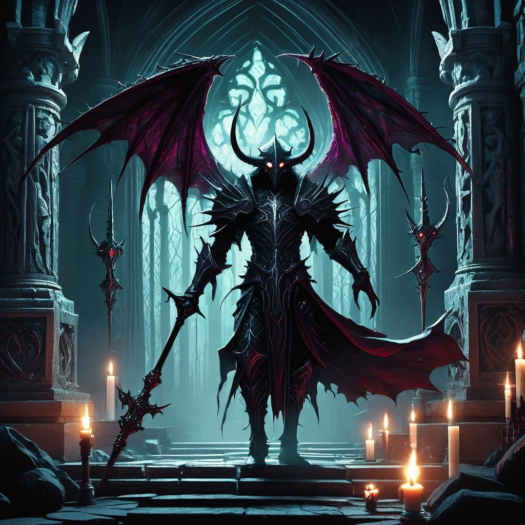 Picture a sinister magic staff standing upright in the heart of a dark and ancient cathedral. The staff, crafted from blackened oak and adorned with twisted thorns and menacing spikes, exudes an aura of malevolent power. At its pinnacle, a glowing crimson gem pulses with an eerie light, casting sinister shadows across the stone walls adorned with ominous runes and grotesque gargoyles. Candlelight flickers, illuminating the flickering symbols etched into the staff's surface, hinting at arcane rituals and forbidden knowledge. Capture the sense of dread and forbidden allure as this unholy staff stands as a focal point of dark magic in a medieval fantasy realm, where whispers of ancient evils and sinister enchantments linger in the air. just a weapon
