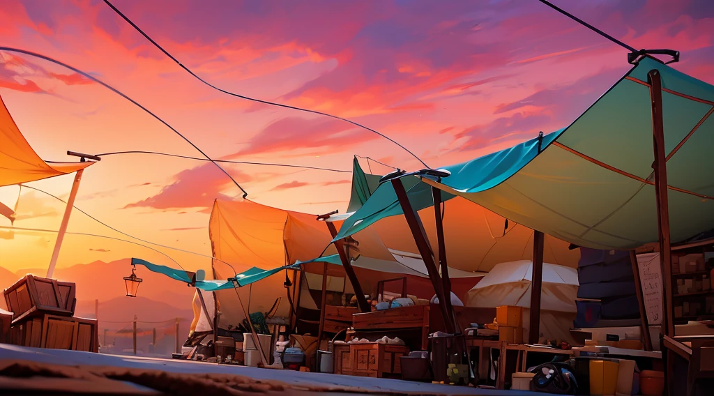 traditional market, (market stalls, market tents, canopies, tarp canopy), butchery, wooden boxes, wooden basket, wire,, sand ground, dawn sky, dark morning, low angle,