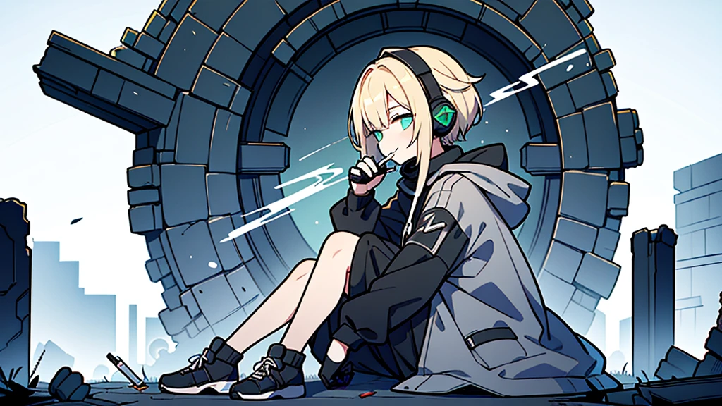 ((highest quality)), ((masterpiece)), (be familiar with), (Sitting in the dark ruins)perfect face,white half-up hair,green mesh blonde、Smoke a cigarette、cool black hoodie,headphones,black gloves,turtleneck,alone,İcon、profile、Right beside、Expressionless、smile、Light-colored clothing