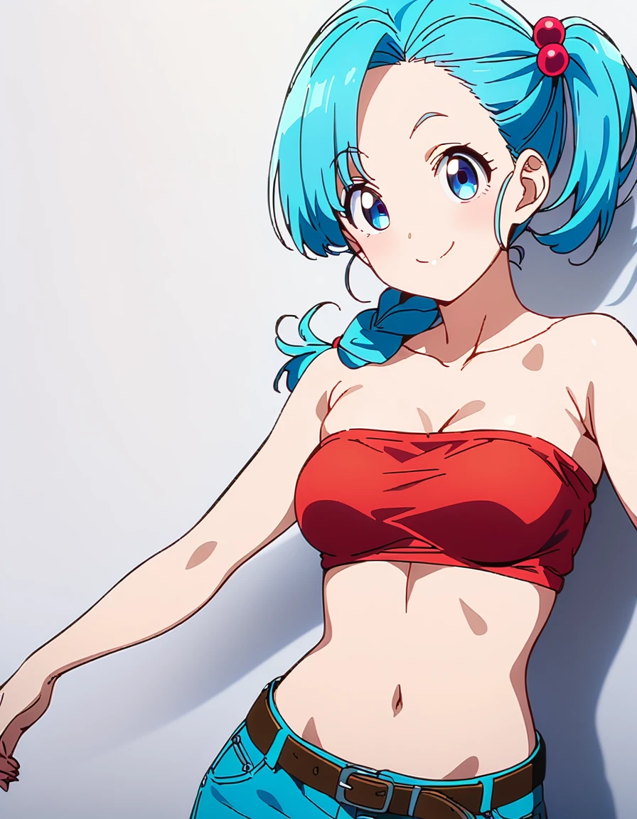 score_9, score_8_up, score_7_up, BREAK back view, arched back,,standing,,mediumshot,1girl,bulma, blue eyes, blue hair,bare shoulders, belt, cleavage, hair bobbles, hair ornament, hair over shoulder,medium breast,midriff, navel, one side up, red tube top, shorts,ass, side ponytail, (strapless, tube top,under_boob:1),,,looking at viewer,facial expression,smile,masterpiece, best quality,  detailed body, highly detailed, anime coloring.anime,[anime_screencap:0.8] , highly detailed,