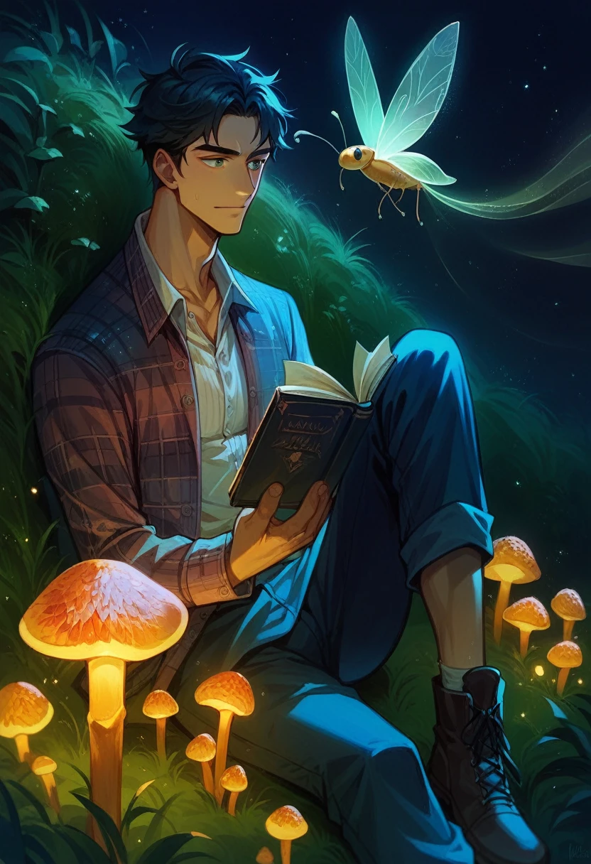 "Several neon-lit Amanita muscaria mushrooms live among the grass at night. The reflection of the moonlight creates a beautiful picture. A handsome Korean man wearing trendy and cool clothes sits peacefully while reading a book accompanied by beautiful fairies flying like fireflies