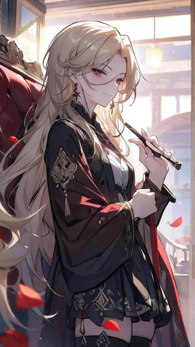 (extremely detailed 8K wallpaper),(ultra-detailed),(best quality),(masterpiece),(highly detailed),(cinematic lighting),(Original),Cold ligh，magenta eyes ,ink style，, smoking pipe, kiseru, holding a long smoking pipe, long sandy blonde hair，((Beautiful adult woman))，black dress with stockings，((slight smirk face))，（black socks）, adult woman, beautiful earrings, falling red petals