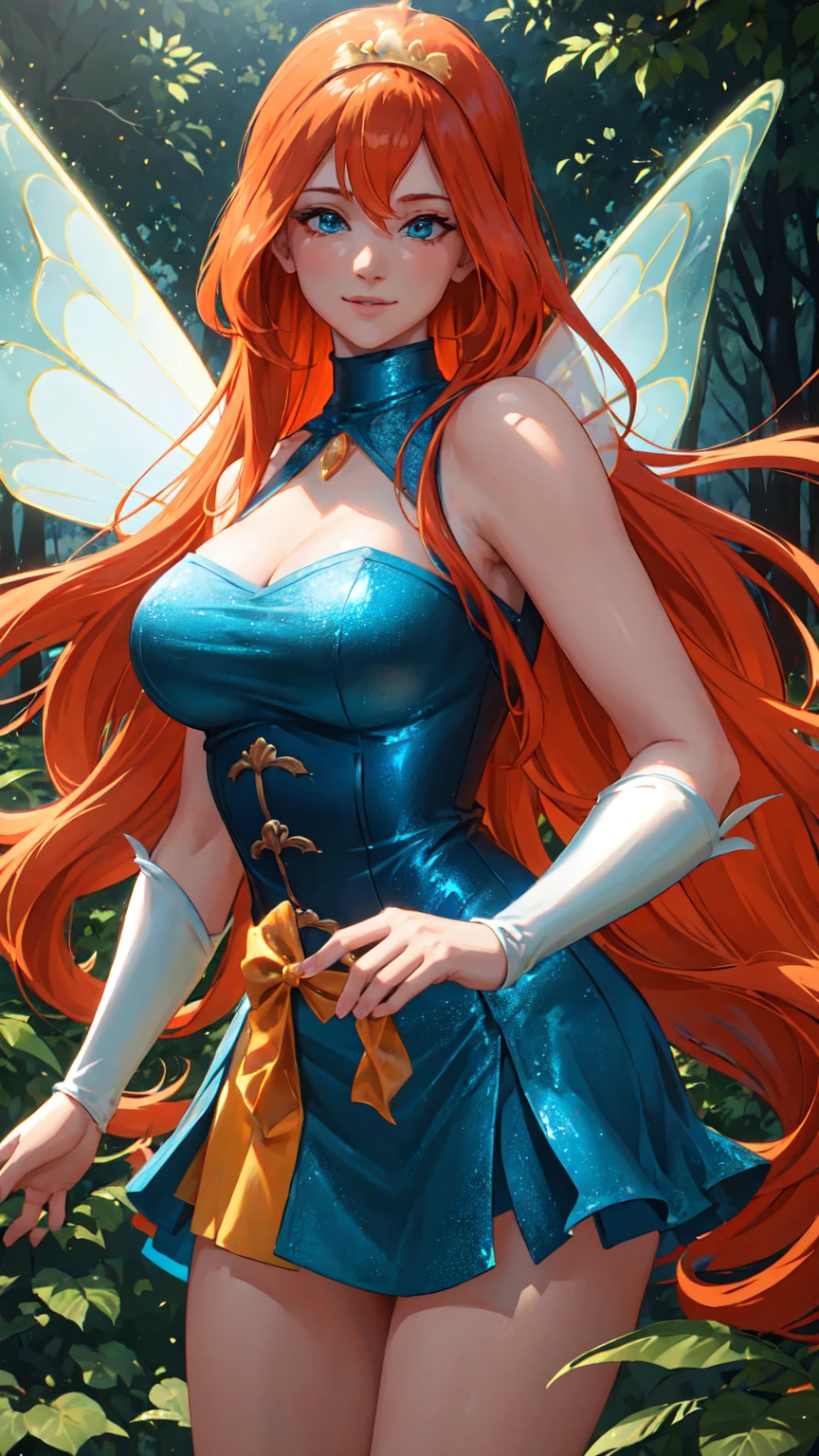 masterpiece, best quality, ultra-detailed, Bloom, tall, thick, orange hair, blue eyes, bangs, long hair, fairy outfit, blue corset, sleeveless, blue skirt, sparkling clothing, fairy wings, tiara, standing, smile, in the forest, cowboy shot, realistic, volumetric lighting, intricate details, tonemapping, sharp focus, hyper detailed, Hot cleavage, Big breasts,