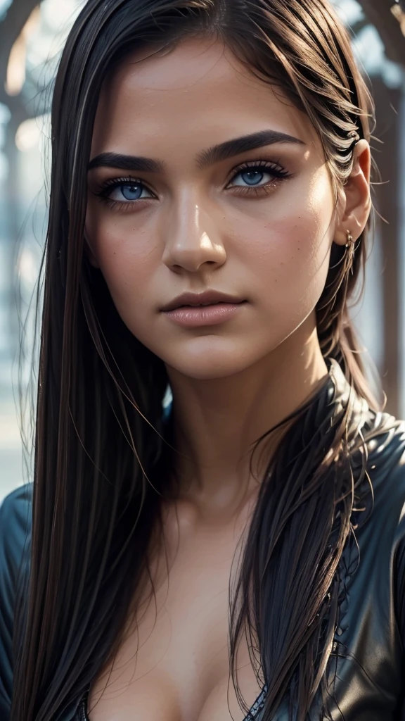 A beautiful young girl with striking features, intricate details, and a serene expression, 1girl, extremely detailed eyes, beautiful detailed lips, porcelain skin, long slender neck, delicate facial features, elegant pose, flowing hair, (best quality,4k,8k,highres,masterpiece:1.2),ultra-detailed,(realistic,photorealistic,photo-realistic:1.37),highly detailed portrait, fine art portrait, photorealistic digital painting, dramatic lighting, warm color tones, cinematic lighting, dramatic shadows, moody atmosphere