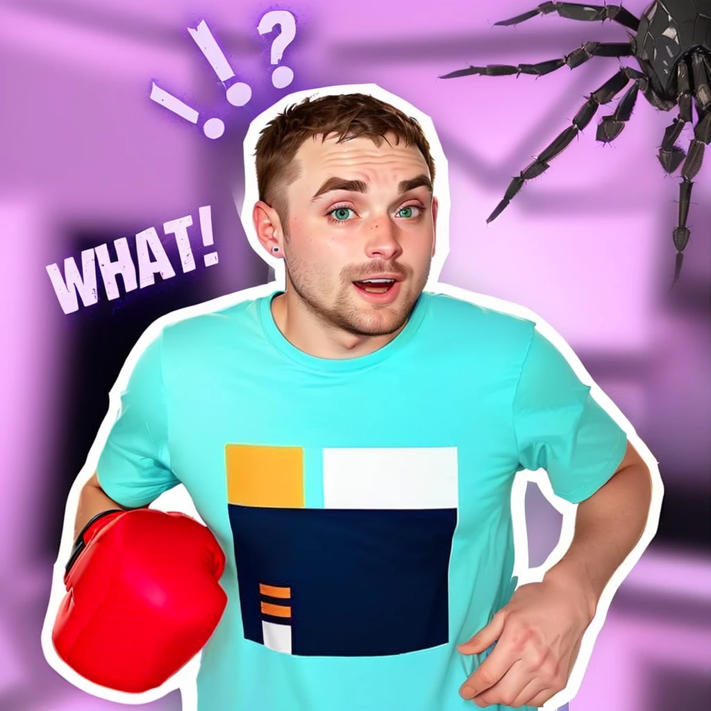 a close up of a person wearing a blue shirt and a red boxing glove, vinny from vinesauce, mrbeast, youtube thumbnail, wearing a tee shirt and combats, fear of spiders, inspired by Dan Content, spiders!!!!, irish youtuber, as a fortnite character, arachnophobia, an ugly giant spider, youtuber, wearing purple undershirt, spider gag
