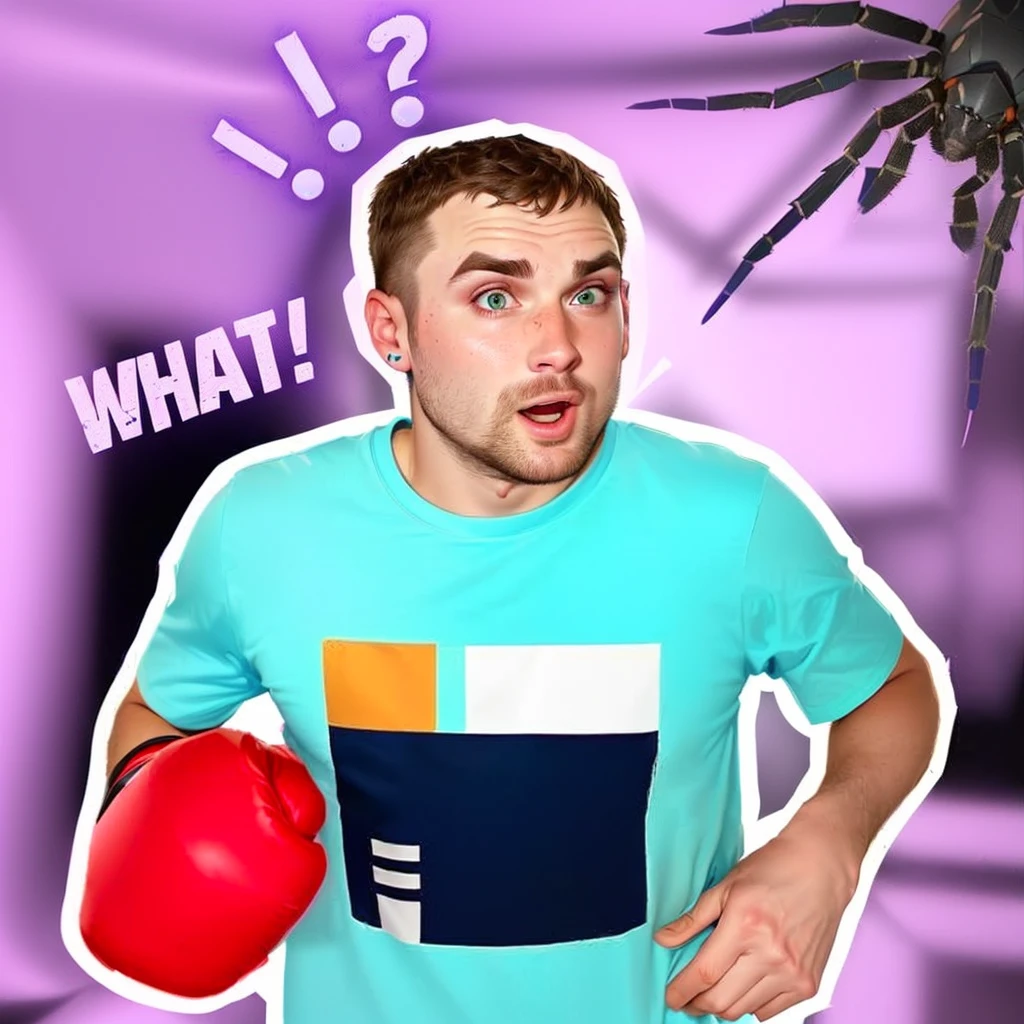 a close up of a person wearing a blue shirt and a red boxing glove, vinny from vinesauce, mrbeast, youtube thumbnail, wearing a tee shirt and combats, fear of spiders, inspired by Dan Content, spiders!!!!, irish youtuber, as a fortnite character, arachnophobia, an ugly giant spider, youtuber, wearing purple undershirt, spider gag
