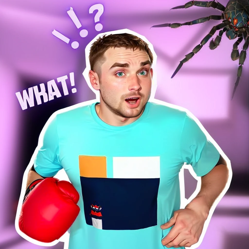 a close up of a person wearing a blue shirt and a red boxing glove, vinny from vinesauce, mrbeast, youtube thumbnail, wearing a tee shirt and combats, fear of spiders, inspired by Dan Content, spiders!!!!, irish youtuber, as a fortnite character, arachnophobia, an ugly giant spider, youtuber, wearing purple undershirt, spider gag