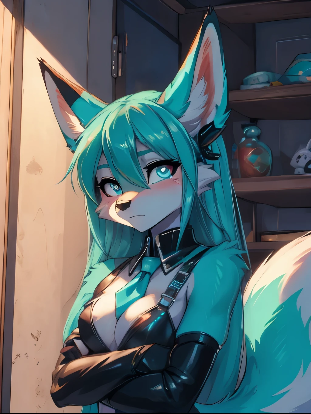 Miku Hatsune, add high definition_detail:1, blue fur,kitsune ears, tribal tattoo add_detail:1, She takes a selfie in a room during a full moon showing off her beautiful figure and erotic bondage full body, sweaty body add_details:1, smiling add_detailsl:1, ear piercing add_detail:1, squat legs open add_detail, horny teen 