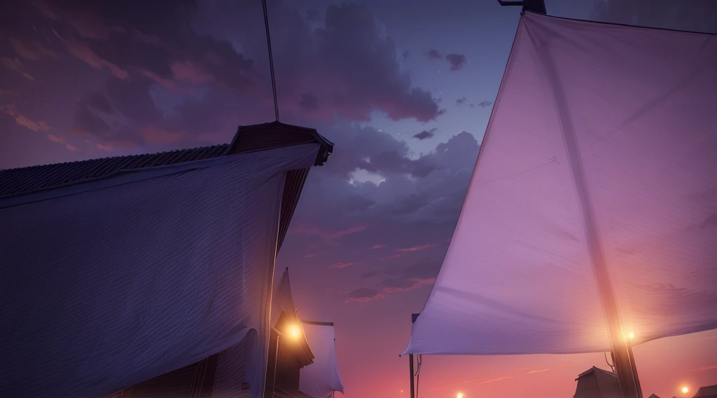 (under tarp canopy, under the market tents, under the canopies), buildings roofs farr away, low angle, dawn sky, early morning, 