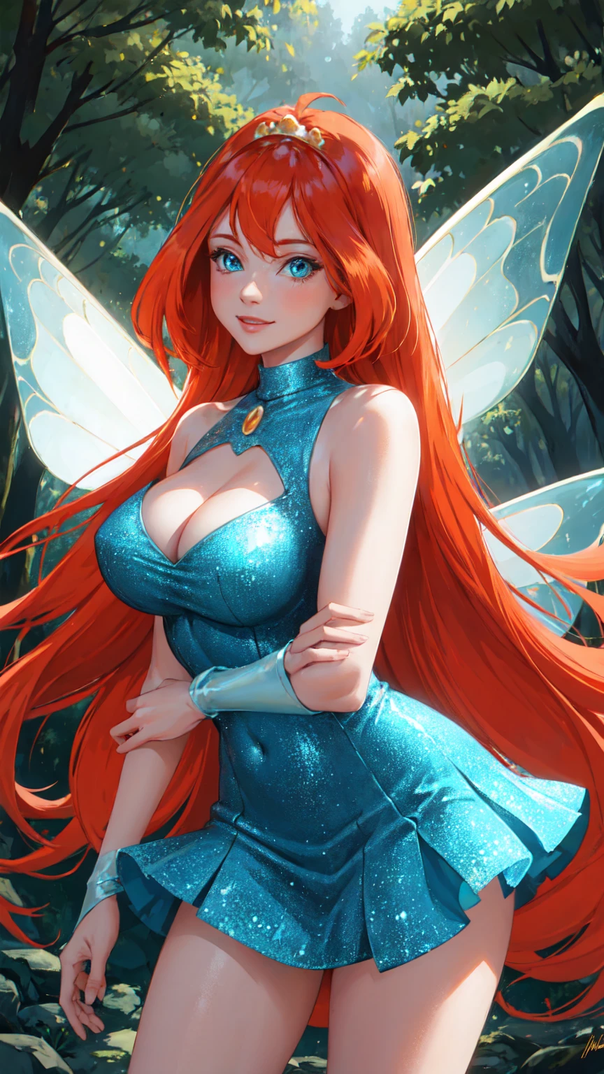 masterpiece, best quality, ultra-detailed, Bloom, tall, thick, orange hair, blue eyes, bangs, long hair, fairy outfit, blue corset, sleeveless, blue skirt, sparkling clothing, fairy wings, tiara, standing, smile, in the forest, cowboy shot, realistic, volumetric lighting, intricate details, tonemapping, sharp focus, hyper detailed, Hot cleavage, Big breasts, 