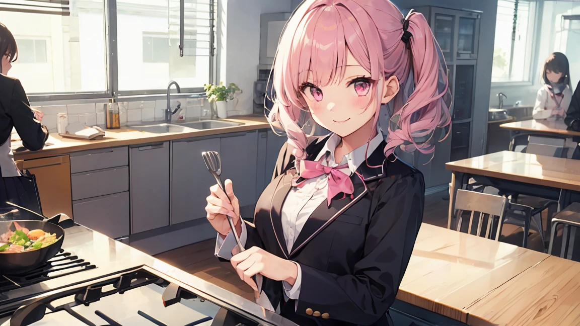 In one girl、fun、High school blazer with popular design、shirt、pleated skirt、white skirt、（small breasts ) en clase,pink large hair, pink eyes, lazo color rosa, clase de cocina, cocinando, smiling