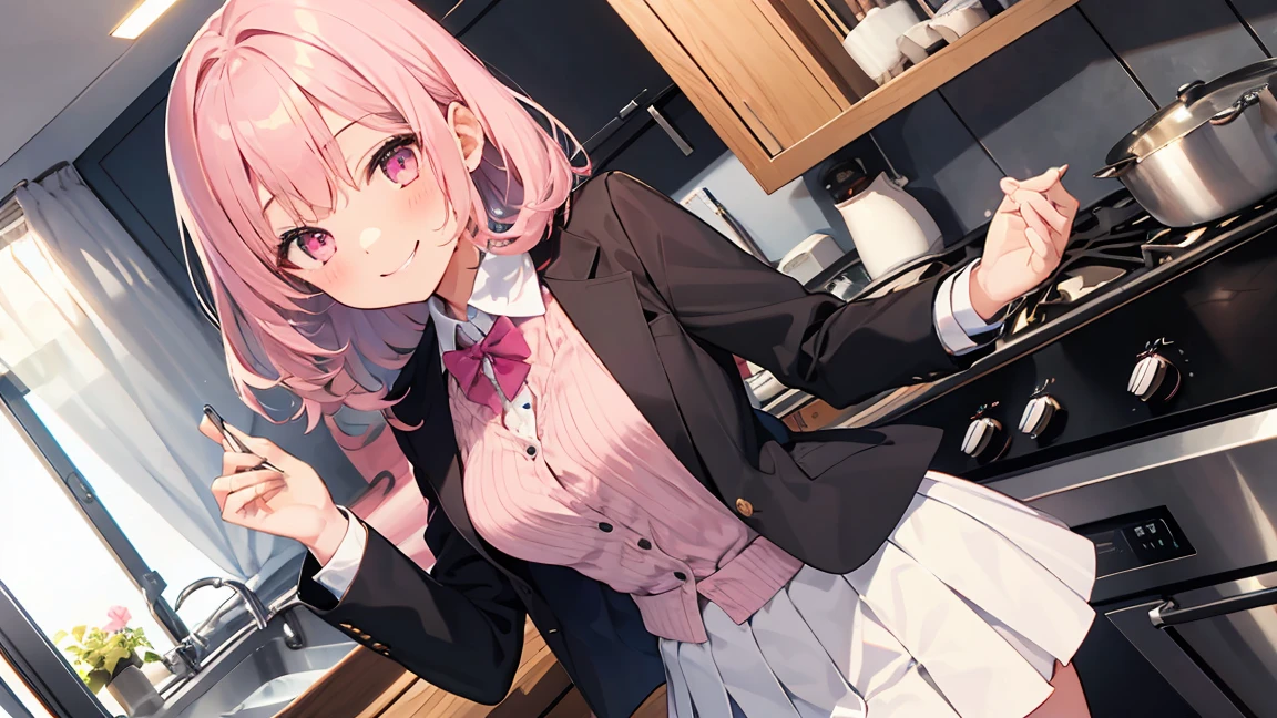 In one girl、fun、High school blazer with popular design、shirt、pleated skirt、white skirt、(small breasts ) en clase,pink large hair, pink eyes, lazo color rosa, clase de cocina, cocinando, smiling