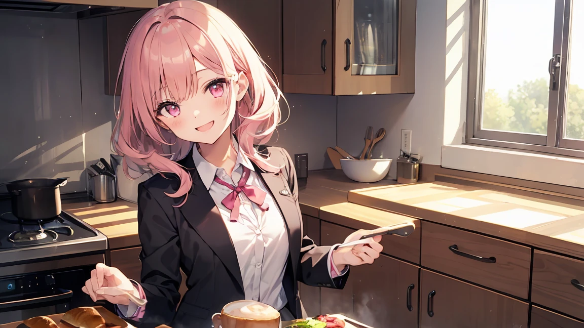 In one girl、fun、High school blazer with popular design、shirt、pleated skirt、white skirt、（small breasts ) en clase,pink large hair, pink eyes, lazo color rosa, clase de cocina, cocinando, smiling