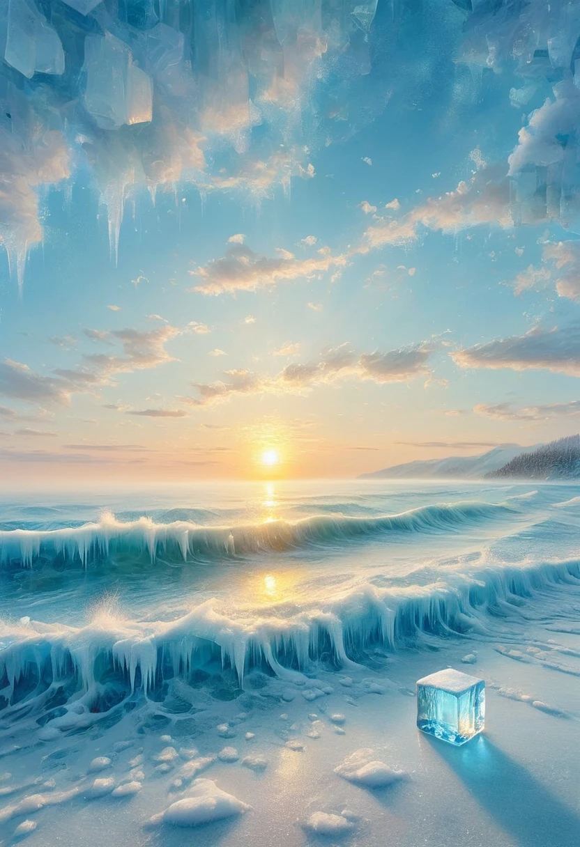 An oil painting：(((sunrise，Ocean，horizon，peaceful)))，(Ice cubes里的红色玫瑰)，Ice cubes，Frozen Rose，Refracted Light