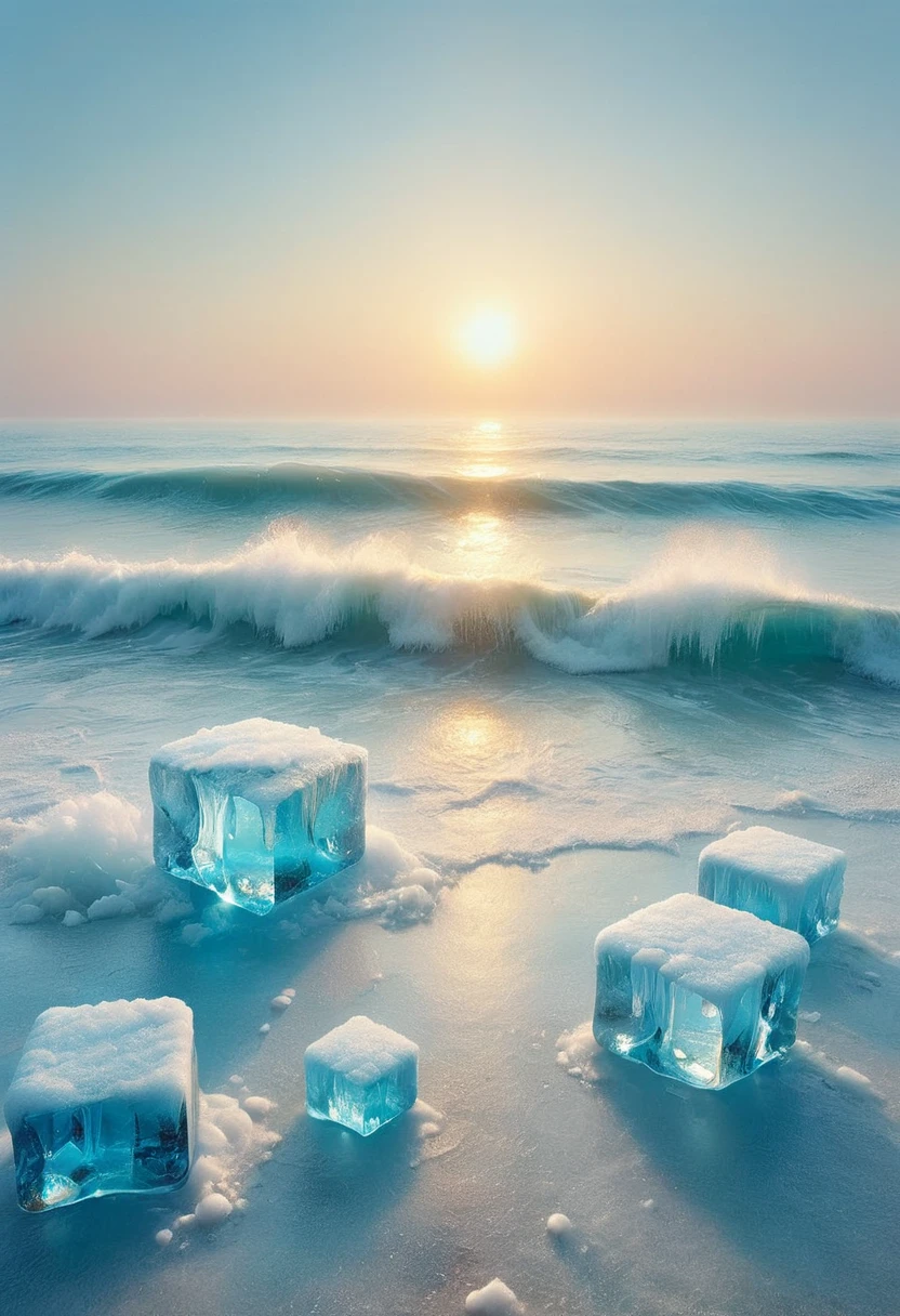 An oil painting:(((sunrise,Ocean,horizon,peaceful))),(Ice cubes里的红色玫瑰),Ice cubes,Frozen Rose,Refracted Light
