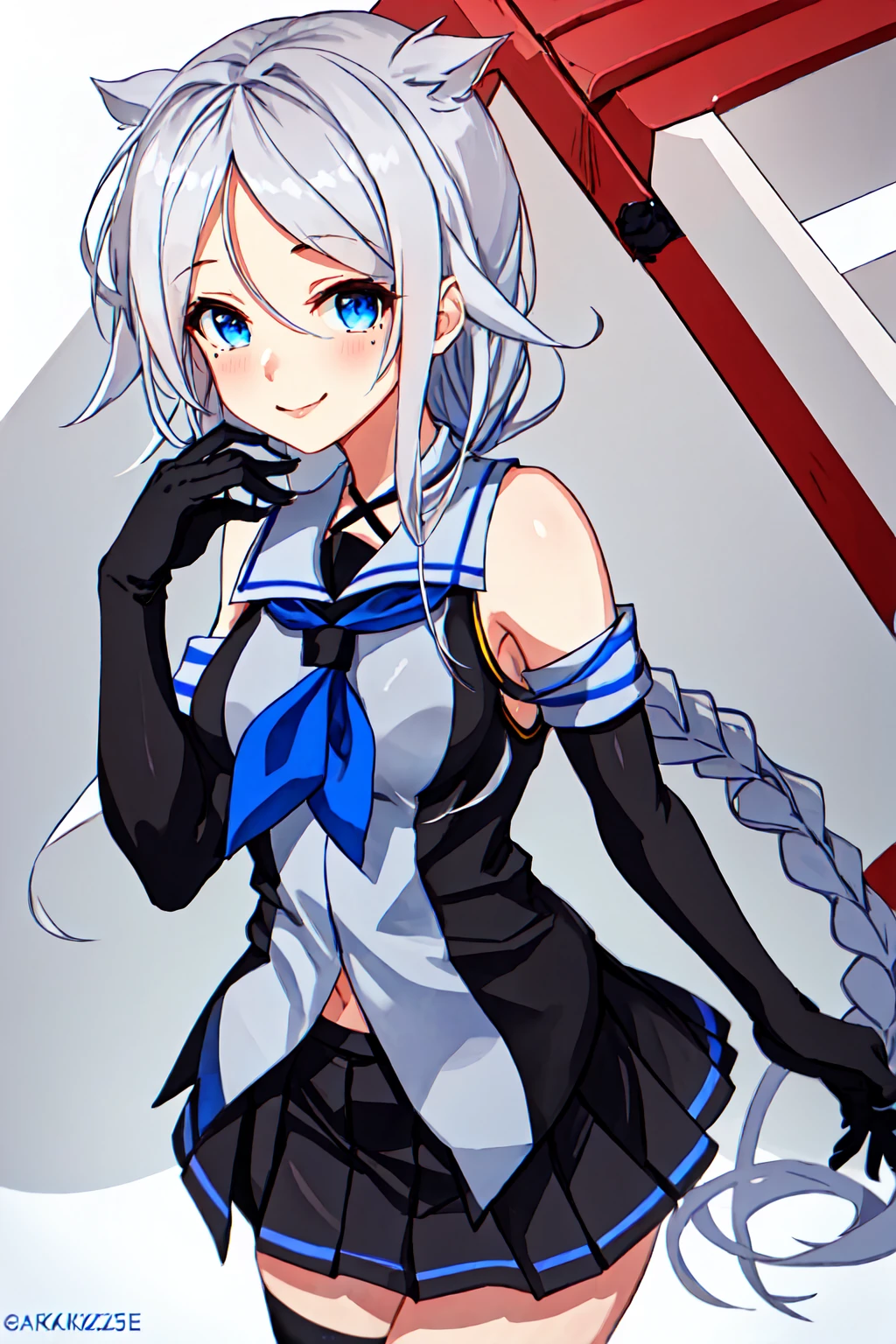 best quality, masterpiece, highres, solo, {umikaze_kantaicollection:1.15}, long_hair, blue_eyes, braid, single_braid, grey_hair, bangs, mole, mole_under_eye, very_long_hair, parted_bangs, breasts, blush, serafuku, sleeveless, smile, white_hair, hair_tie, hair_flaps, 1girl, black_gloves, blue_neckerchief, collared_shirt, elbow_gloves, gloves, neckerchief, school_uniform, shirt, sleeveless_shirt, looking_at_viewer, black_skirt, skirt, pleated_skirt, bare_shoulders