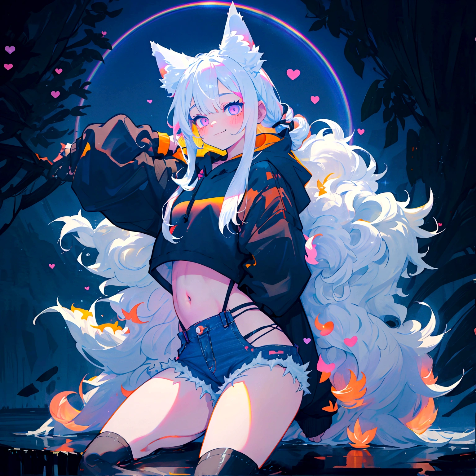 a cute adult male with wolf ears, long white hair, long locks, has a wolf tail, wearing a loose cropped black hoodie, wearing a pair of denim short shorts and fishnet stockings, thick thighs, wide hips, relaxing on mound of fluffy multi colored kawaii plushies, short, very slim, showing slender tummy, heart on hoodie, squishy thighs, has glowing blue eyes. alone, solo (ALONE)(SOLO), surrounded by rainbows, colorful galaxy backround, smiling, stretching out