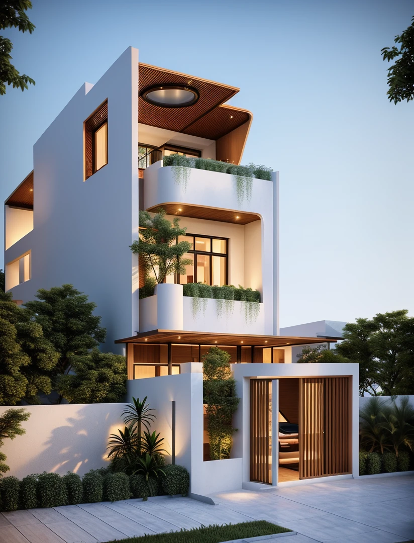 Perspective of a modern house with a large enough front yard, main materials are light yellow walls, stone and wood, a road running in front of the house, (RAW photo, real, best quality, masterpiece: 1.2), current view modern minimalist, 1 street in front of house, shime ring light, indoor brightness:1.2, dynamic lighting:1.3, (hyper-realistic, photo-realistic:1.2), high quality, daylight, contrast high:0.5 perfect light, Archdaily, contemporary masterpiece award, award winning contemporary, beautifully designed masterpiece, spacious modern mansion, modern neo-traditional, wide angle exterior 2022 , mid-century modern, contemporary home, stylish modern feel, long front view, award-winning modern design, stunning lines, residential, exquisite details, indoors gently:1.3