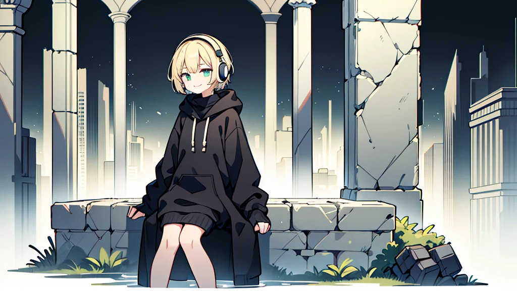 ((highest quality)), ((masterpiece)), (be familiar with), (Sitting in the dark ruins)short hair、perfect face,white half-up hair,green mesh blonde、Smoke a cigarette、cool black hoodie,headphones,black gloves,turtleneck,alone,İcon、profile、Right beside、Expressionless、smile、Light-colored clothing