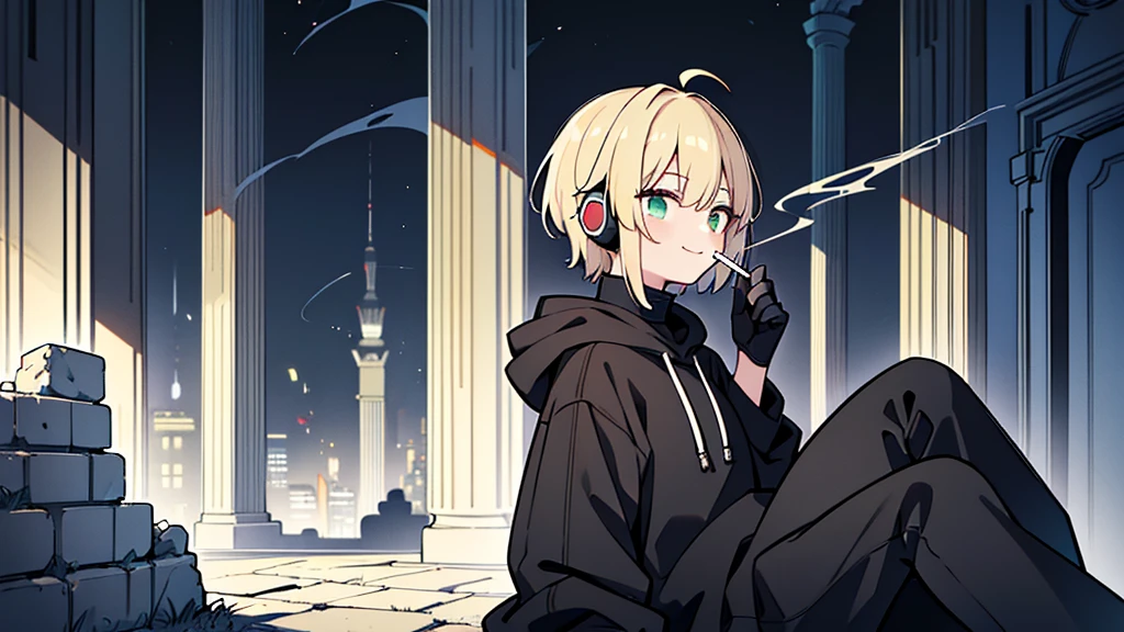 ((highest quality)), ((masterpiece)), (be familiar with), (Sitting in the dark ruins)short hair、perfect face,white half-up hair,green mesh blonde、Smoke a cigarette、cool black hoodie,headphones,black gloves,turtleneck,alone,İcon、profile、Right beside、Expressionless、smile、Light-colored clothing