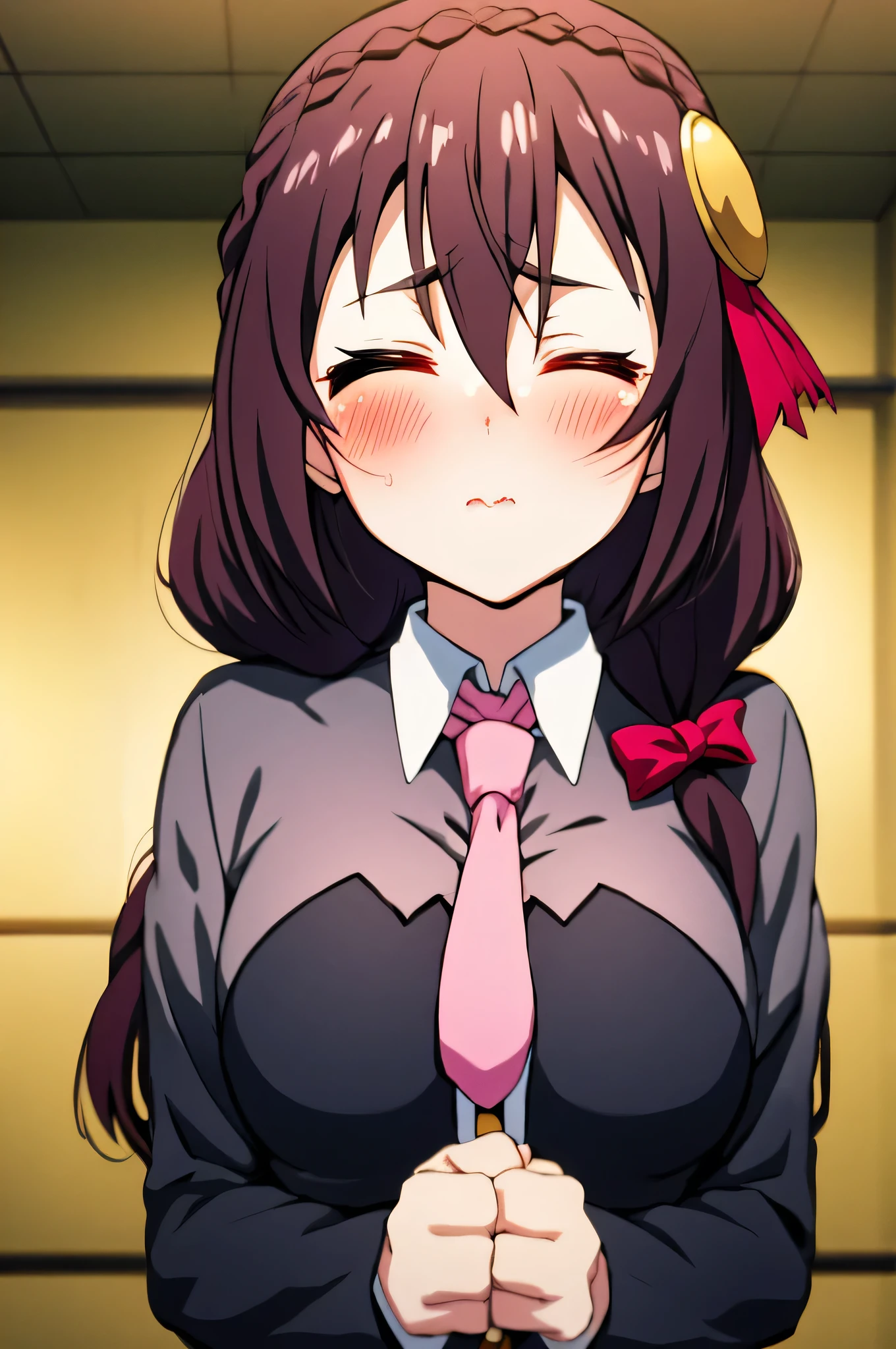 (masterpiece, Highest quality), One girl, Yunyun,Long Hair,Braiding,Twin tails,Hair between the eyes,Red hair ribbon,hair ornaments,large round breasts,、Pink Skirt、Black Hair、Crown Blade,Black Shirt, Long sleeve,Pink tie, belt, Cleavage cutout、Above the upper body、(blush:1.ung face、indoor、(Kiss the viewer)、((Close your eyes:1.5))