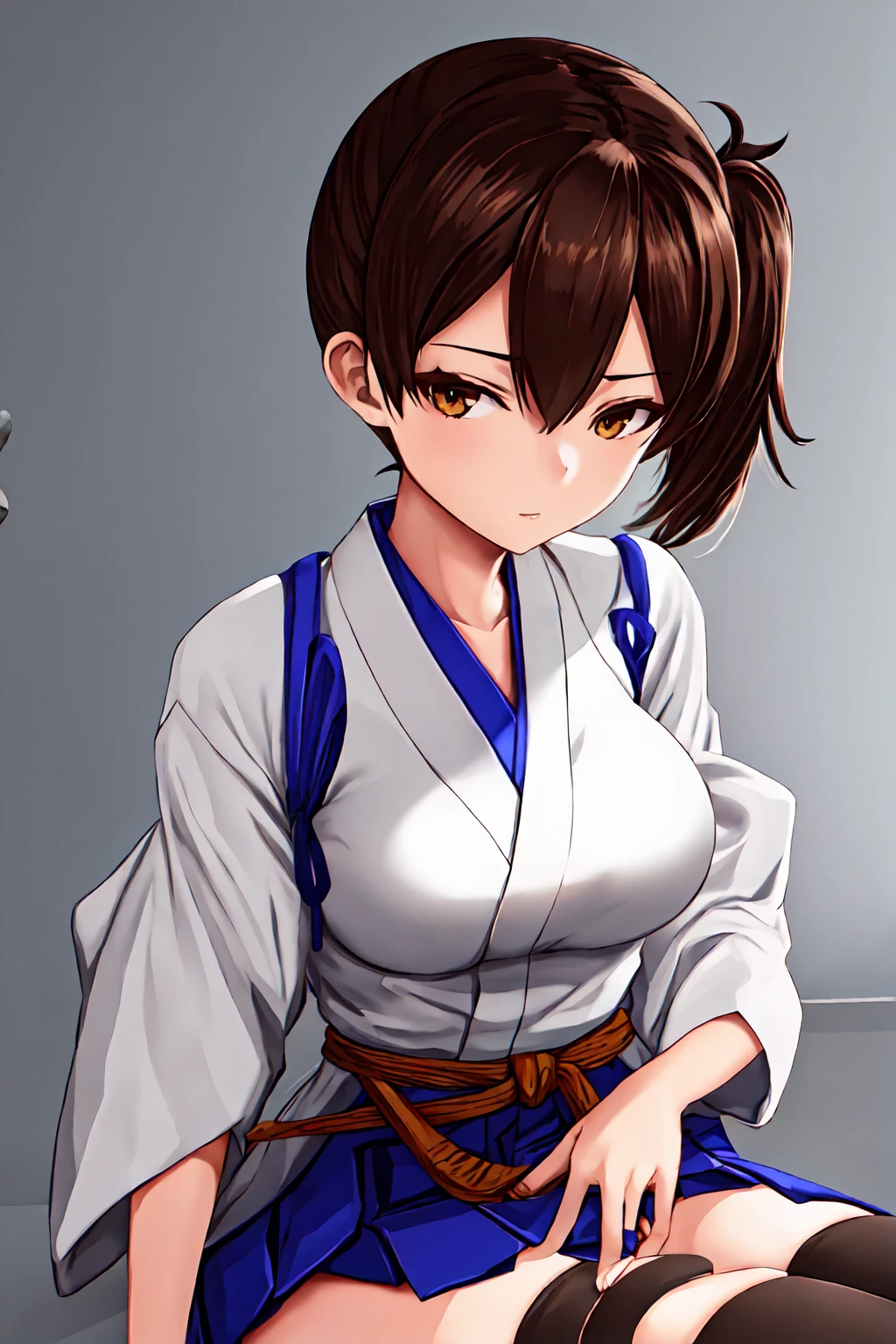 best quality, masterpiece, highres, solo, {kaga_kantaicollection:1.15}, brown_hair, side_ponytail, brown_eyes, short_hair, breasts, long_hair, 1girl, hakama, hakama_skirt, japanese_clothes, skirt, tasuki, hakama_short_skirt, blue_hakama, looking_at_viewer, muneate, simple_background, black_thighhighs, large_breasts, sitting, thighhighs